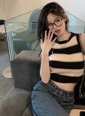 辣妹爵士舞上衣夏韩版冰丝衫条纹t恤短款打底无袖jazz背心外穿