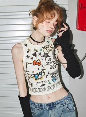 辣妹爵士舞上衣日系软妹HelloKitty短款露脐无袖jazz背心外穿