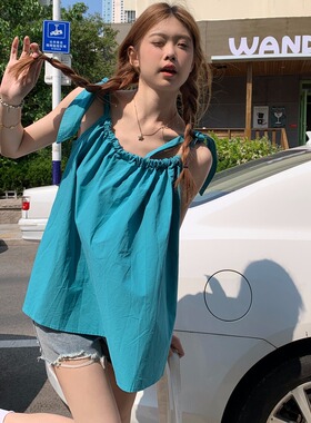 辣妹爵士舞上衣元气少女乖乖甜甜抽绳显白衬衫无袖甜辣背心外穿