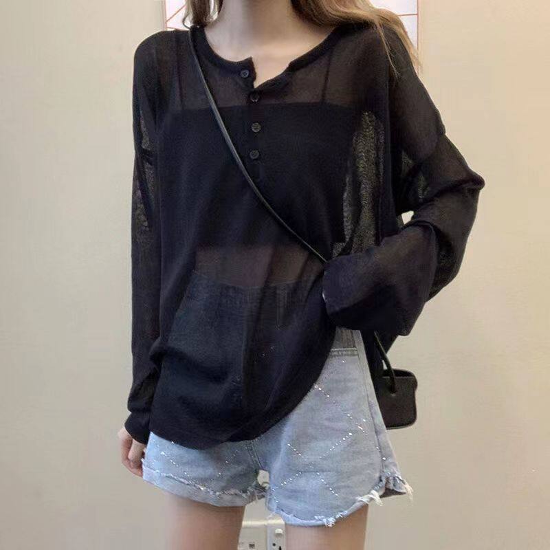 胖妹爵士罩衫宽松慵懒风薄款微透防嗮T恤女夏辣妹大码套头防嗮衣