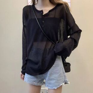 胖妹爵士罩衫宽松慵懒风薄款微透防嗮T恤女夏辣妹大码套头防嗮衣
