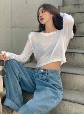 白色jazz上衣服装女薄款长袖t恤透视短款露脐爵士舞罩衫防嗮衫潮