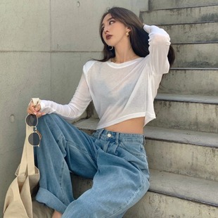 白色jazz上衣服装女薄款长袖t恤透视短款露脐爵士舞罩衫防嗮衫潮