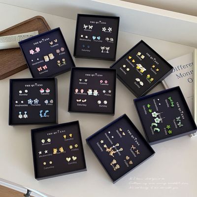 原创s925纯银针一周卡通甜美耳钉礼盒新款耳环女日常清新耳饰套装