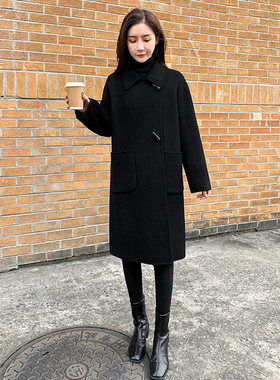 黑色牛角扣中长款双面羊绒大衣女