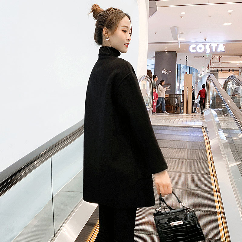 黑色显瘦双面羊绒大衣女中长款2025春秋新款时尚西装羊毛呢子外套