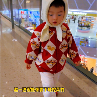 2026新款过年婴儿套装秋冬男宝三件套红色满岁喜庆毛衣拜年服