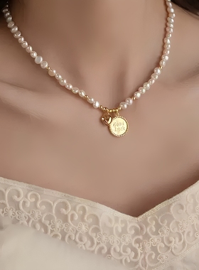 ins风幸运许愿牌爱心巴洛克珍珠项链女天然时尚年轻款锁骨链春夏