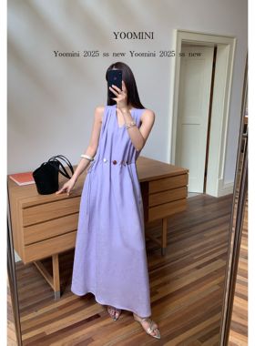 YOOMINI-新款v领亚麻天丝轻薄简约高级感收腰背心连衣裙Y10655-SY