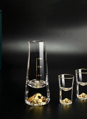 金边白酒杯套装金山分酒器家用蓝色冰山水晶玻璃10毫升一口杯子弹