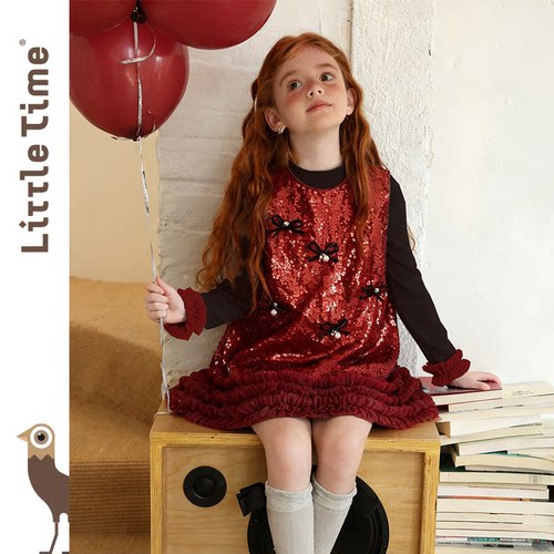 littletime女童连衣裙2025秋冬新款儿童韩版亮片蝴蝶结公主裙