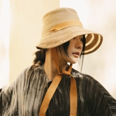 MING 美人扇二季 超细亚麻线复古小方头编织唯美遮阳盆帽波奈特