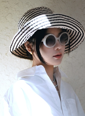 MING 胶片日记 l 原创实用UVCUT织带黑米白条纹大檐遮阳防晒帽