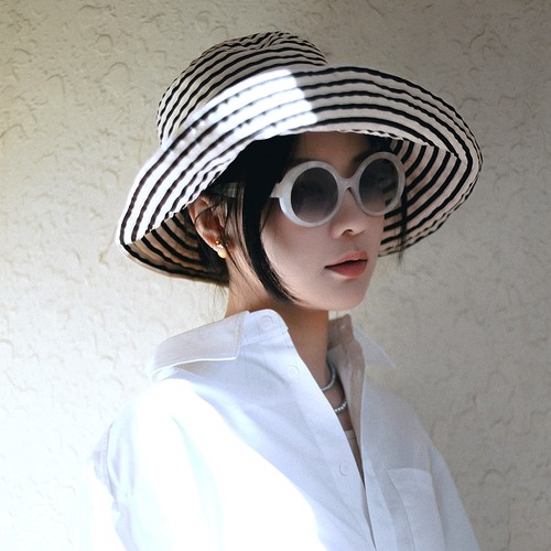 定制条纹织带原创便携法式防晒帽