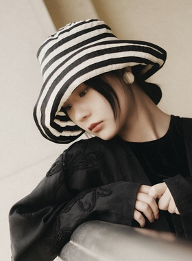 MING 似是故人来 l 摩登复古亚麻织带条纹宽檐渔夫帽折叠防晒帽