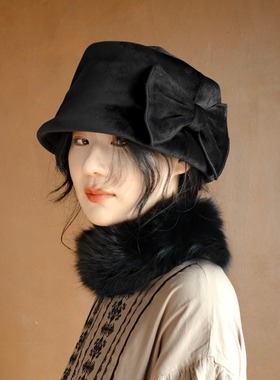 MING 露露 l 黑色蝴蝶结复古绒面原创秋冬盆帽改良药盒帽水桶盆帽