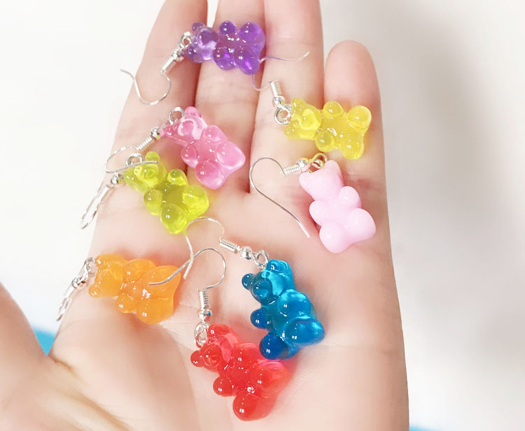 包邮卡通可爱水晶橡皮糖小熊软糖耳钉耳环耳夹 糖果色QQ糖耳饰