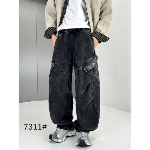 698-699 素3 男女秋冬加绒加厚水洗弯刀工装牛仔休闲长裤 KZ7311