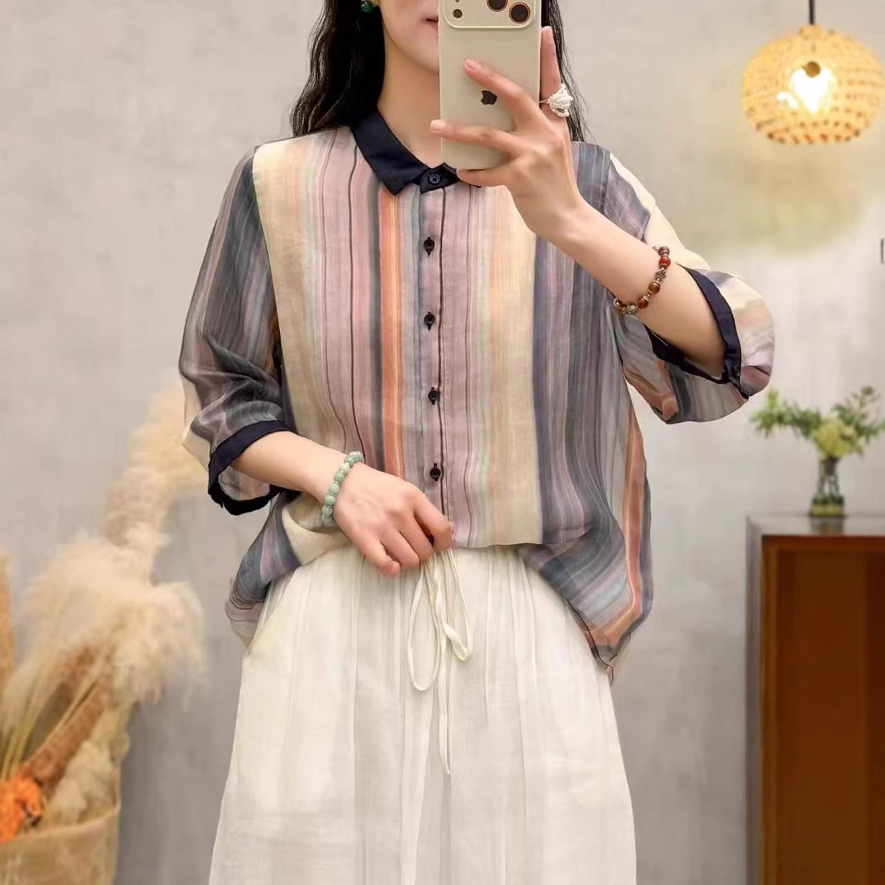 2026夏季新款文艺苎麻衬衫女复古宽松条纹翻领显瘦百搭开衫上衣