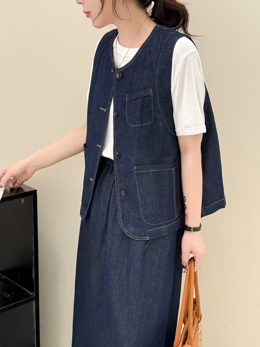 亚麻牛仔马甲套装女宽松复古百搭叠穿简约休闲外套马夹A字半身裙