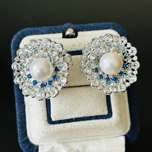 S925纯银胸针渐变色豪华纯银耳钉空托配件可配8-9-10mm珍珠