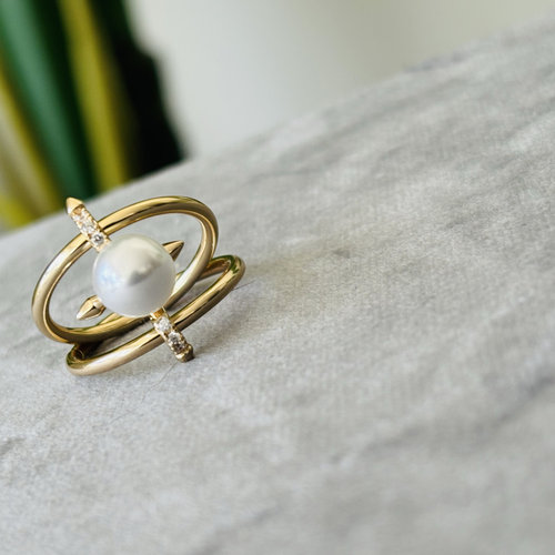 S925纯银镀金戒指十字架双层个性配件可配8-9mm珍珠15号戒圈