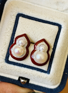 S925纯银葫芦红色耳钉空托配件可配小珠4-5/大珠6-7mm