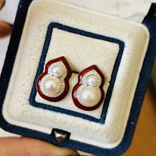 S925纯银葫芦红色耳钉空托配件可配小珠4-5/大珠6-7mm