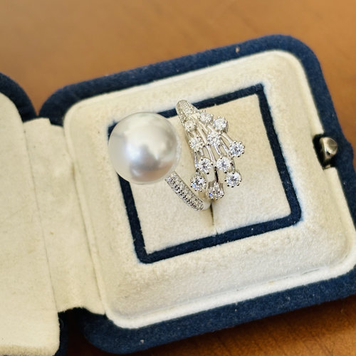 精工S925纯银精工冰雪羽毛开口戒指空托配件可配9-10-11-12mm珍珠