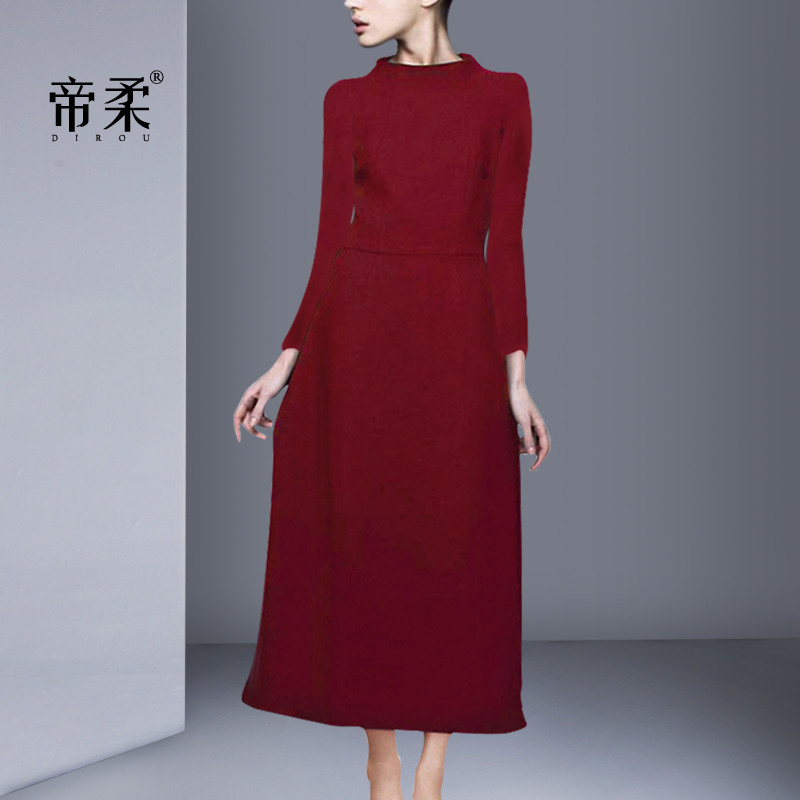 极简风名媛长袖连衣裙修身酒红色