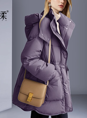 欧美2025冬季新款紫色中长款羽绒服气质休闲加厚面包服连帽外套女