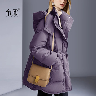 紫色中长款 羽绒服气质休闲加厚面包服连帽外套女 新款 欧美2025冬季