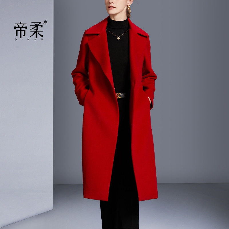 帝柔正红色羊毛呢外套女中长款2025秋冬新款系带修身高腰呢子大衣