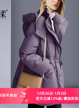 欧美2025冬季新款紫色中长款羽绒服气质休闲加厚面包服连帽外套女