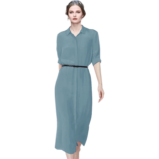 法式知性衬衫连衣裙2026夏季新款高端修身气质中长裙子显白青绿色