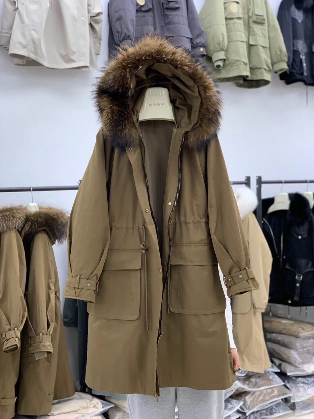 新款女装 皮草派克服 兔毛内胆貉子毛领 休闲中长款 活里活面可拆