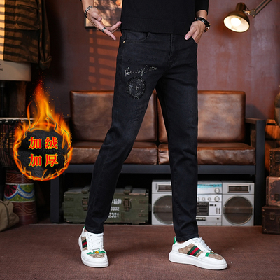 冬季加绒加厚黑灰修身牛仔裤男
