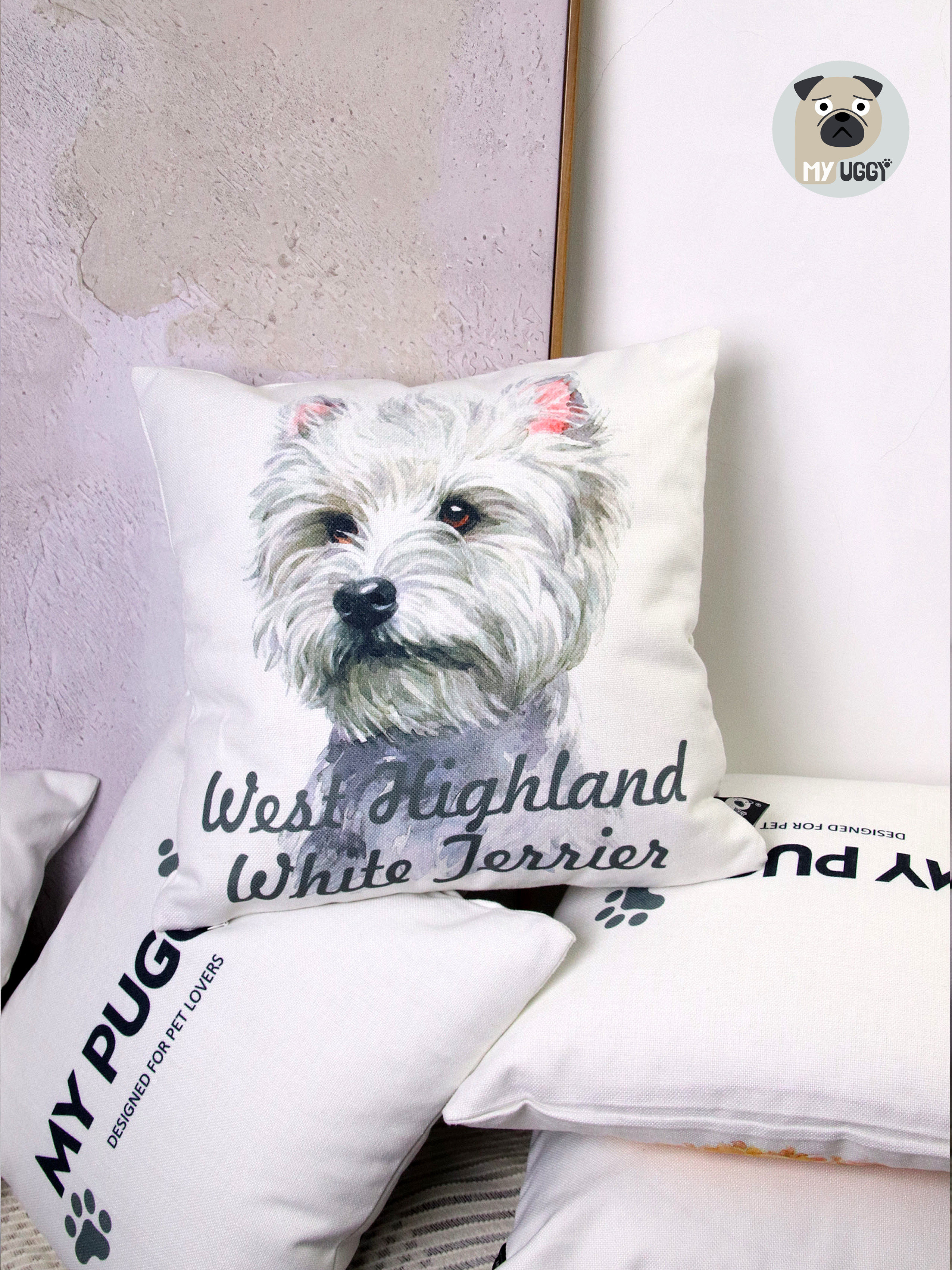 MY PUGGY西高地犬图案抱枕羽丝绒枕芯高档欧美棉麻枕套弹性靠枕
