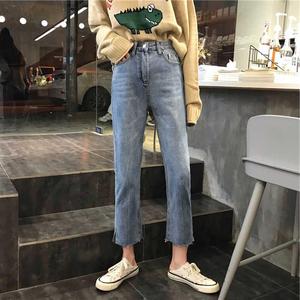 秋秋装侧边韩版水洗宽松chic直筒裤牛仔裤高腰女装开叉阔腿裤九分