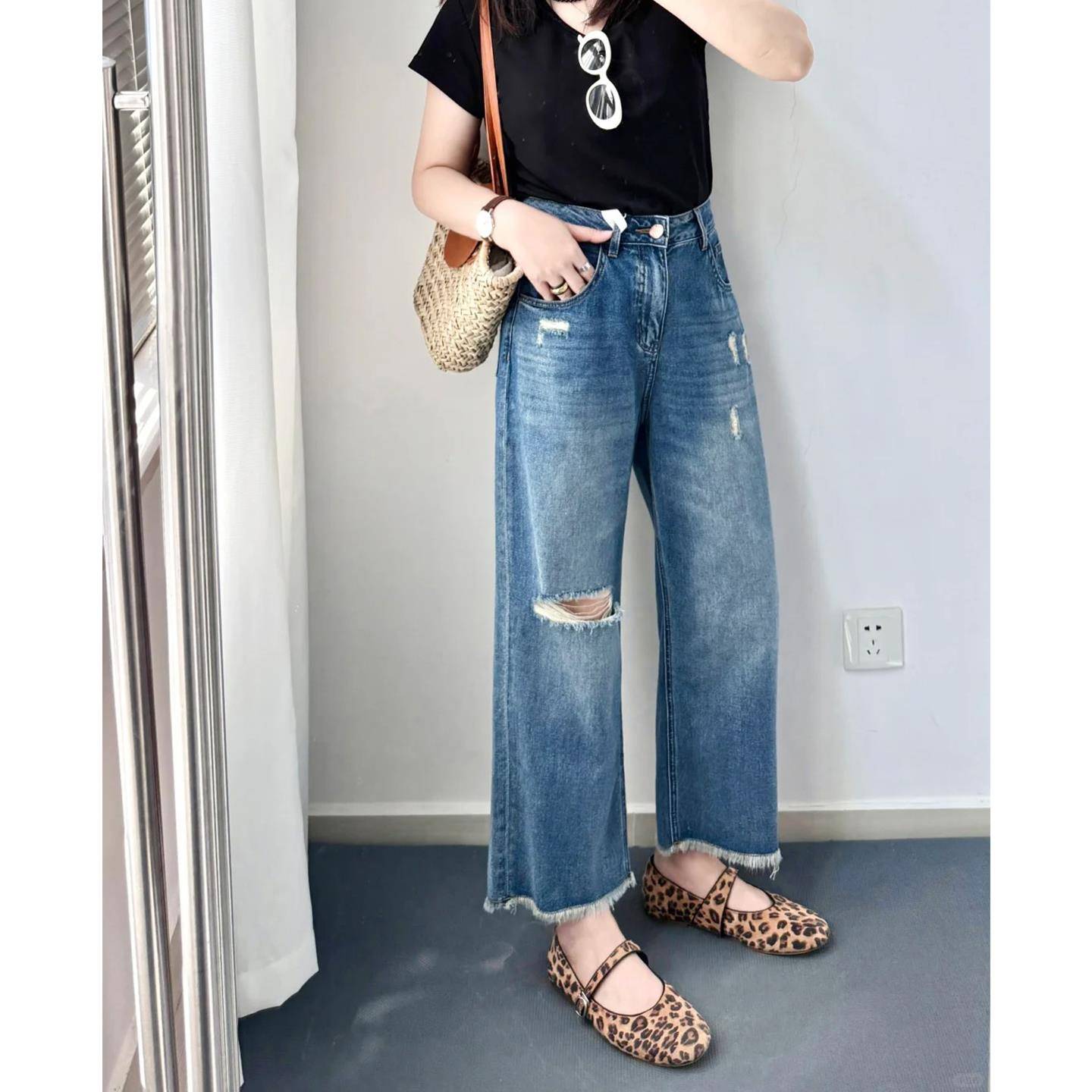 夏日破洞牛仔裤大码女胖mm宽松显瘦九分阔腿裤小个子薄款直筒裤子