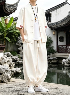 夏季新中式盘扣男短袖灯笼裤套装