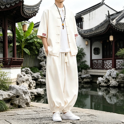 夏季新中式盘扣男短袖灯笼裤套装