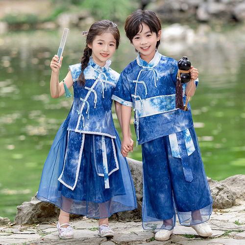 新中式国风汉服儿 童扎染青花瓷服装幼儿园舞蹈演出服兄妹亲子装