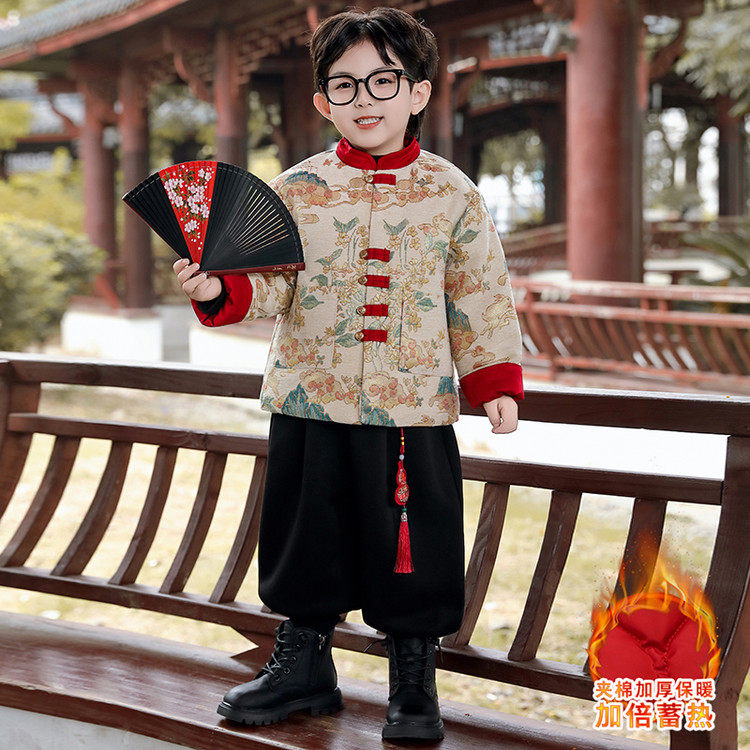 新中式国风小少爷唐装棉服套装男童喜庆拜年服幼儿园元旦表演汉服
