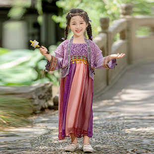 新中式国风汉服春夏款小女孩异域风情傣族cos紫萱苗疆女 童服装