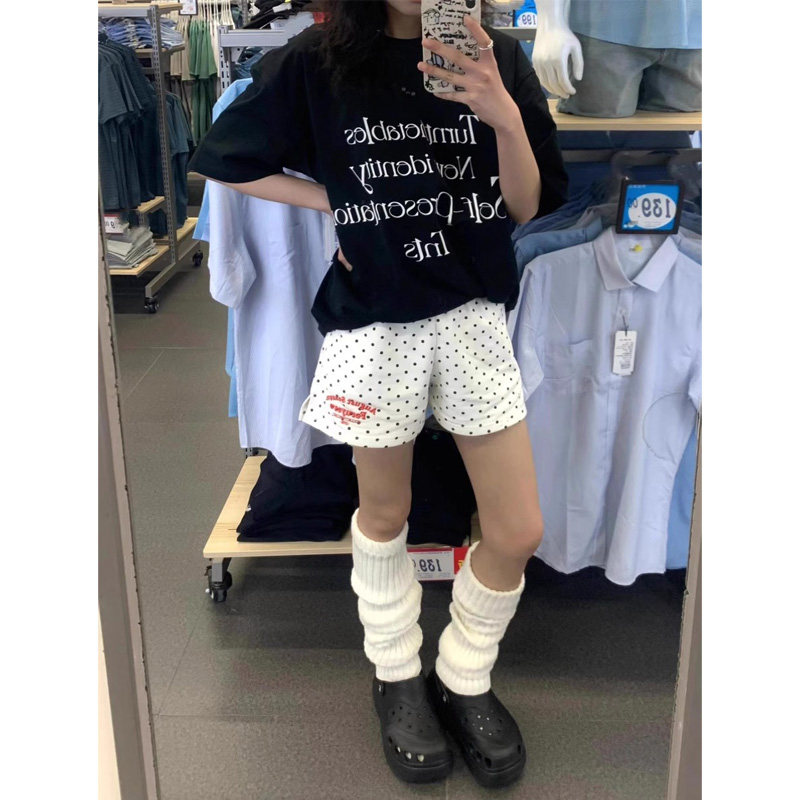 美式纯棉波点运动短裤女夏季宽松字母刺绣休闲阔腿三分外穿热裤子