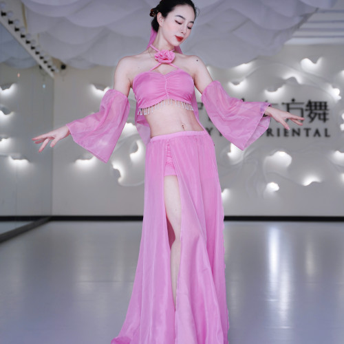 佐寒梦璐肚皮舞轻奢舞蹈服套装分体半身开叉裙飘纱双层大摆裙粉色