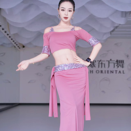 佐寒梦璐肚皮舞服装新款套装练功服初学者亮片绑带演出服显瘦