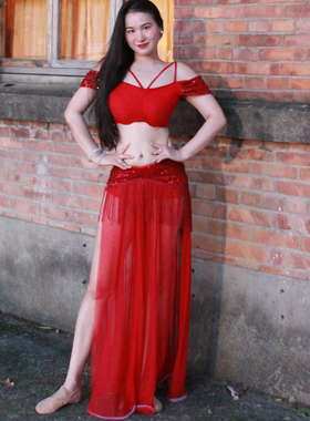 佐寒梦璐肚皮舞新款高级红色演出套装显瘦表演服性感气质班服大码