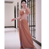 佐寒梦璐肚皮舞新款 显瘦表演服性感气质班服长裙咖色 高级演出套装